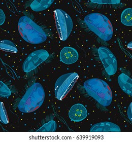 Seamless pattern with detailed transparent jellyfish. Blue sea jelly on dark background. Vector illustration