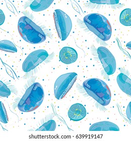 Seamless pattern with detailed transparent jellyfish. Blue sea jelly on white background. Vector illustration