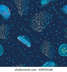 Seamless pattern with detailed transparent jellyfish. Pink and blue sea jelly on blue background. Vector illustration