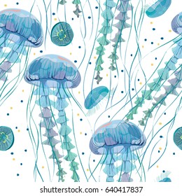 Seamless pattern with detailed transparent jellyfish. Blue sea jelly on white background. Vector illustration