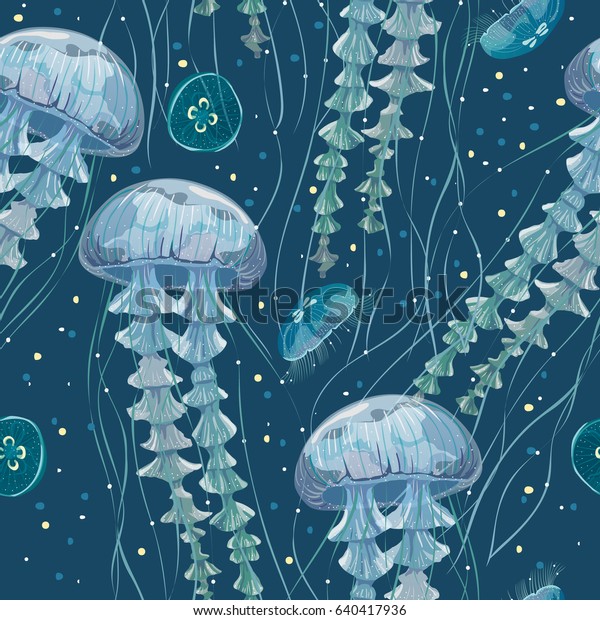 Seamless Pattern Detailed Transparent Jellyfish Blue Stock Vector Royalty Free