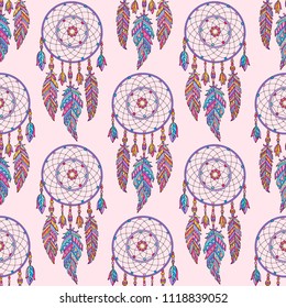 Seamless pattern with detailed vector illustration of the dreamcatcher