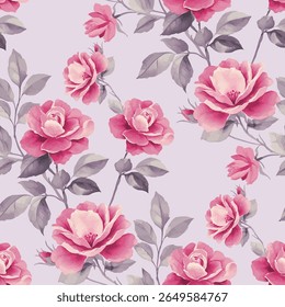 A seamless pattern of detailed watercolor-style roses. The roses are a range of shades of pink, from light peachy-pink at the center to a deeper, more vibrant pink on the petals' outer edges.