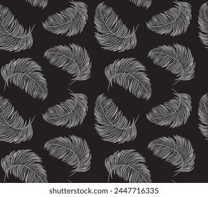 A seamless pattern of detailed white feathers on a black background, offering a classic and elegant design choice