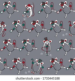 Patrón sin foco con ratones detectives. Fondo vector animalista. Tonos grises, verdes y rojos. Se puede usar para papeles pintados, rellenos de patrones, textiles, texturas superficiales