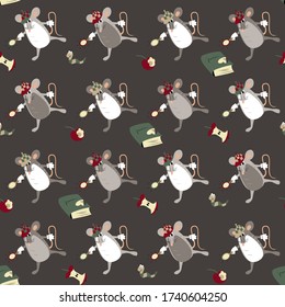 Seamless pattern with detective mice. Animalistic vector background. Gray, green, red and beige tones. Can be used for wallpapers, pattern fills, textile, surface textures