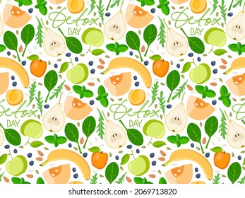 Seamless pattern with Detox day text and smoothie ingredients. Healthy fruits, vegetables, greens, seeds. Fresh energetic drink. Background for farmer market, restaurant menu, wallpaper, cover design.