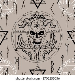 Seamless pattern with devil face, pentagram and runes.  Esoteric and occult illustration with mystic and gothic symbols. No foreign language, all elements are fantasy.