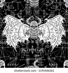 Seamless pattern with devil on black background with mystic geometric lines and signs. Esoteric, occult and wicca concept, Halloween illustration with mystic symbols and sacred geometry 