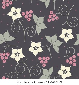 Seamless pattern with dewberry, leaves and flowers on purple background can be used for for wallpapers, linen, tile, textile, kids cloth and more creative designs. 