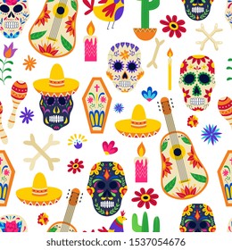 Seamless pattern for Dia de los Muertos with skulls and guitars, vector illustration in colorful mexican style on white background. Day of the Dead endless texture.