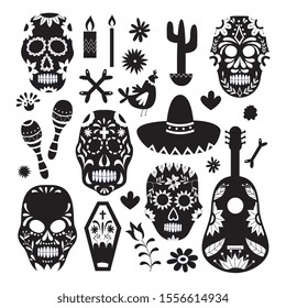 Seamless pattern for Dia de los Muertos with skulls, cactus and guitars, vector illustration in monochrome graphic design on white background. Day of the Dead texture.