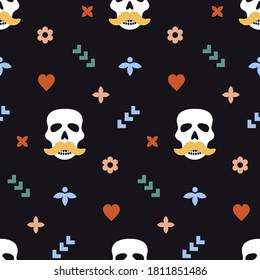 Seamless pattern for Dia de los muertos - mexican holiday Day of the dead. Funny print with skulls and decorative elements. Vector illustration.