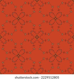 Seamless pattern with  Dia de los muertos motifs. Beautiful vines sprouting from human skulls. Symbol of life, death and resurrection. Day of the Dead design. On red background.