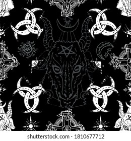 Seamless pattern with diabolic head of goat, moon, cross and magic symbols. Mystic background for Halloween, esoteric, gothic and occult concept