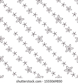 Seamless pattern with diagonal arrangement of hand-drawn stars and snowflakes