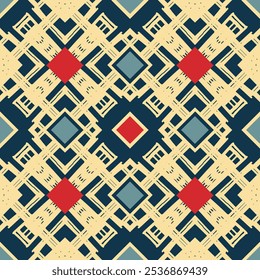 Seamless pattern with diagonal geometric ornament. Red and beige on blue. Vector illustration