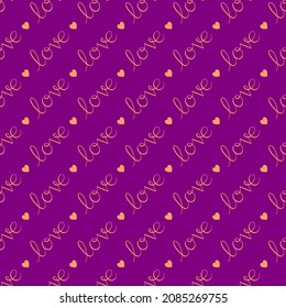 Seamless pattern of diagonal gold love text and hearts on a bright purple background.
