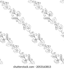 Seamless pattern with diagonal linear ornament from flowering branches of sweet peas, drawing with black outline and white fill. 