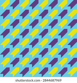 Seamless pattern of diagonal lines of dark purple and bright neon yellow arrows on a cyan blue background 
