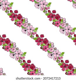 Seamless pattern with a diagonal print of a garland of bouquets of spring flowers sakura, cherry, apple tree. Vector illustration for festive design, packaging, wallpaper, fabric, textile, stationery.