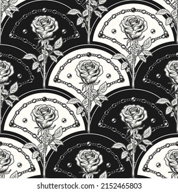 Seamless pattern with diagonal shell shaped grid, outline roses, chains, beads. Shades of gray. Classic monochrome background. Vector