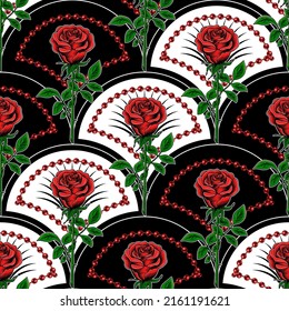Seamless pattern with diagonal shell shaped grid, red roses with stem, strings of red beads. Classic high contrast vintage background. Vector