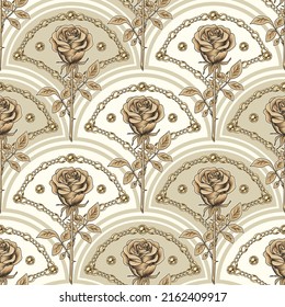 Seamless pattern with diagonal shell shaped grid, outline roses, chains, beads. Classic beige monochrome background. Vector