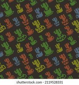 Patrón sin soldadura con silueta de cactus diagonal simple en tazas y macetas sobre fondo oscuro