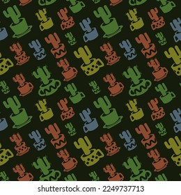 Seamless pattern with diagonal simple drawing cactus silhouette in cups and pots on dark background vector