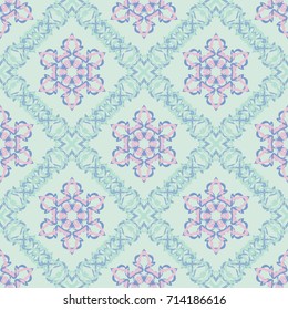 Seamless pattern. Diagonally located fantastic snowflakes framed by openwork squares. The drawing is suitable for the design of sites, postcards and letters of Christmas and New Year's content.