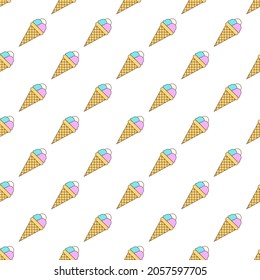 Seamless pattern with diagonally located multi-colored ice cream balls in a cone on white background. Vector illustration