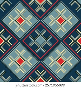 Seamless pattern with diagonally oriented geometric blue-red-beige composition. Vector illustration