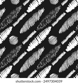 Patrón sin fisuras con oblongo blanco orientado diagonalmente y otros garabatos sobre fondo negro. Ilustración vectorial