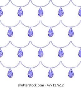 Seamless pattern with diamond pendants and necklaces on the white background. Vector.
