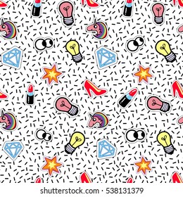 Seamless pattern with diamond, red heel shoe, star, unicorn with rainbow, lipstick, lamp, eyes. Cute vector art in badges, stickers, pins, patches style, inspired by cartoon comic style of 80s-90s.