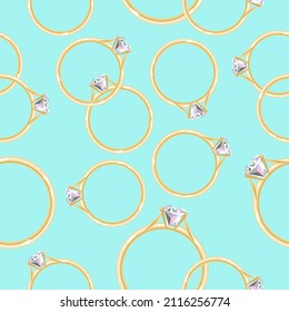 Seamless pattern diamond ring on turquoise background.Vector bright pattern can be used in wedding designs,postcards,jewelry packaging.