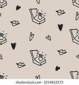 Seamless pattern of diamond ring. Template for Notebook covers, pattern for wallpapers, textile, wrapping paper. Engagement or wedding ring, hearts and lips. Childish naive design, doodle vector art