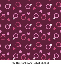 Patrón sin brillo con anillos de diamantes y corazones. Decoración para una boda o San Valentín. Patrón festivo para tela, papel envolvente, ropa. Ilustración vectorial.