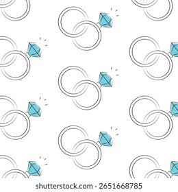 Padrão contínuo de anéis de diamante. Casamento, amor e conceito de devoção. Preciosa, joias, dia dos namorados. Vetor em plano de fundo isolado. EPS10
