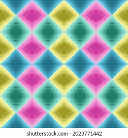 Seamless pattern with diamond shape, draw with multiple lines overlapping, look like a blur. There are green blue pink and yellow.
