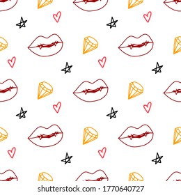 Seamless pattern of diamond symbol, vampire mouth with fangs, stars and hearts. Linear doodle style. Yellow, black and pink elements on an isolated white background. Mystical ornament. Vector