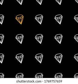 Seamless pattern of diamond symbols. Linear style free hand. White diamonds and one golden on an isolated black background. Vector. For printing on packaging, fabrics.