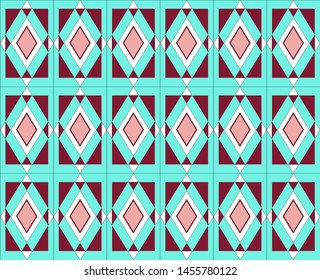   Seamless pattern of diamond tiles in a combination of turquoise, burgundy, white and pink colors. Geometric contrast ornament.