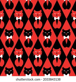 Seamless pattern of diamonds in black and red tones with the image of cats with white bows