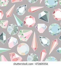 Seamless pattern with diamonds and crystals in pastel colors
