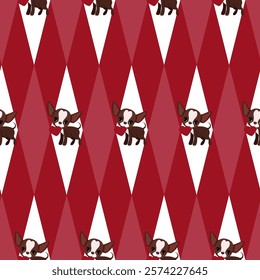 Seamless pattern of diamonds and cute chihuahuas on a red background