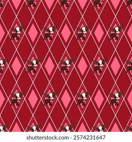 Seamless pattern of diamonds and cute chihuahuas on a red background with diagonal lines