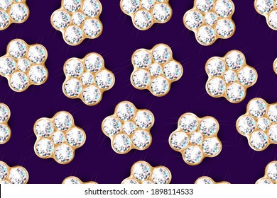 Seamless pattern with diamonds in the form of a flower in a gold frame. Background for Valentine's Day, Birthday, Women's Day, Anniversary. Dark background. For valentines, banner, greeting cards. 3D 
