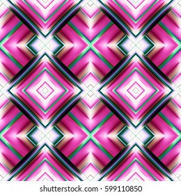 seamless pattern of diamonds in the form of metal plates layered brilliant purple color with green crosses and purple trim